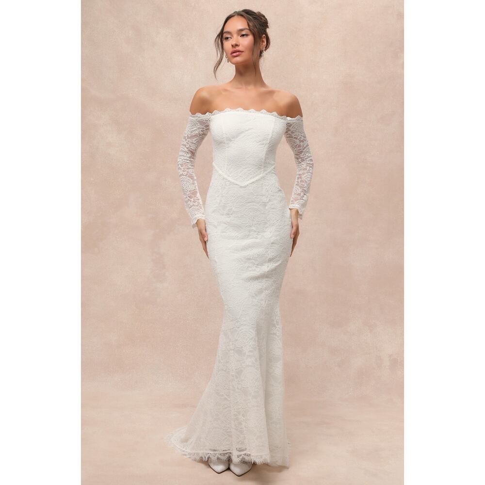 NWT Lulus Beloved Promise White Lace Off-the-Shoulder Mermaid Dress Bridal Sz M